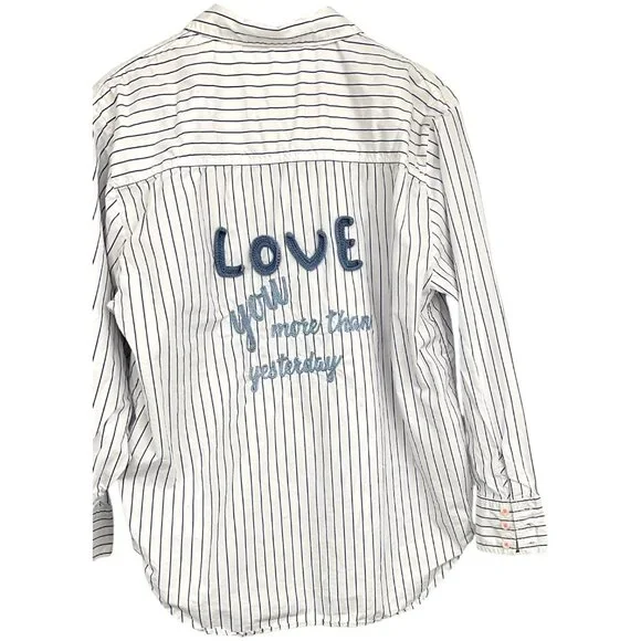 Anthropologie Maeve Button Down Shirt White Blue Striped I Love You Size Large L - Picture 6 of 10